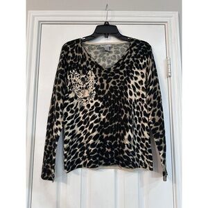 Designers Original Womens Cheetah Print Long Sleeve Top w Beads Size M